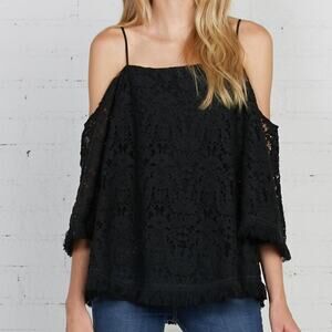 Bailey 44 Black floral lace off the shoulder fringed blouse